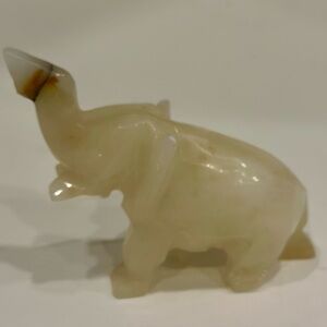 Hand Carved Elephant Banded White Onyx Quartz Trunk Up Stone Figurine.  Amazing